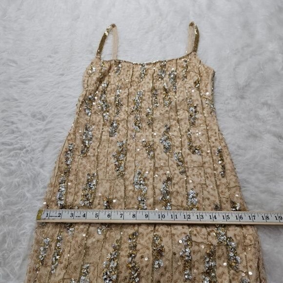 MAC DUGGAL Square Neck Golden Striped Sequin Sleeveless Midi Dress 8 - Picture 7 of 12